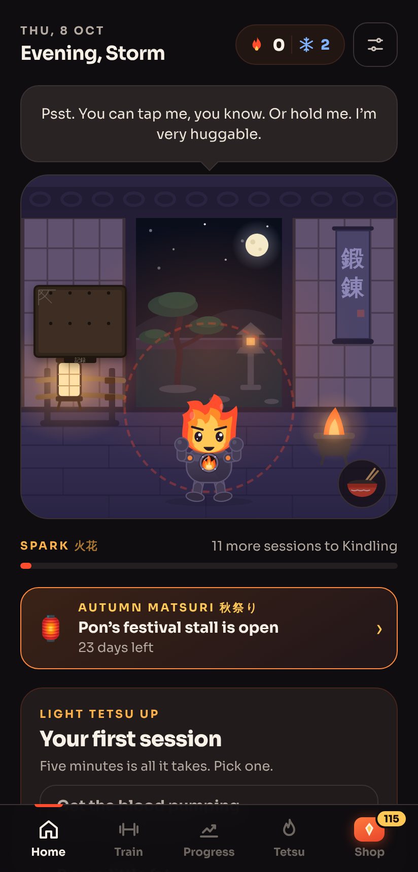 Tetsu, a small fire spirit, waiting in his forge in the Tetsu Training Pal home screen